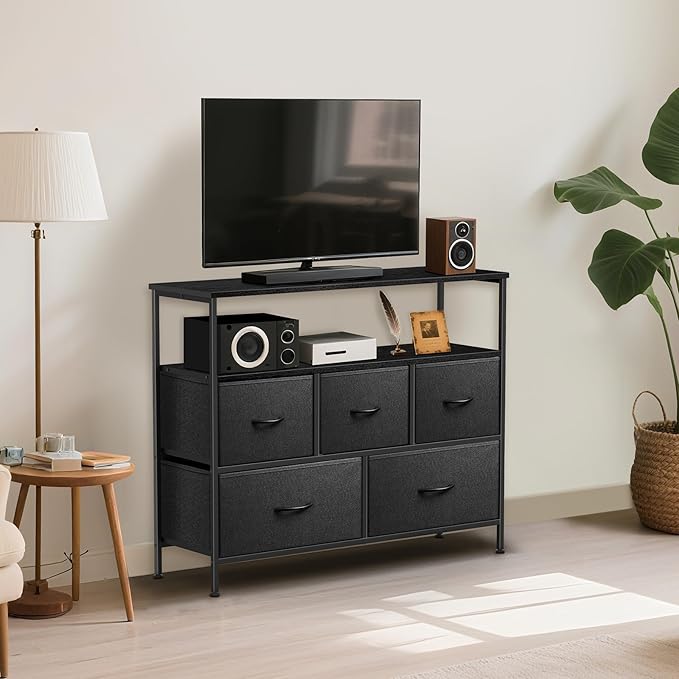 TV Stands for 42 inches TV, TV Stands for Living Room, Entertainment Center with Storage, TV Console with Open Shelves (Black and Charcoal Black)