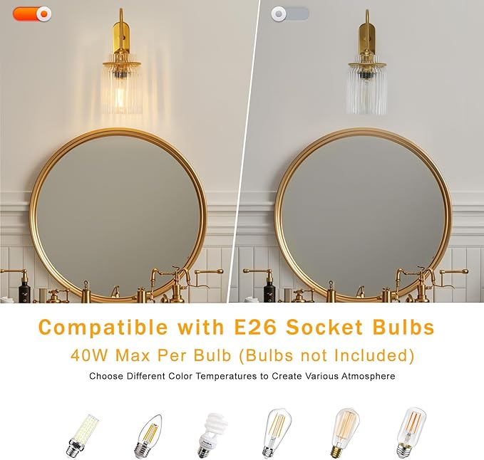 Gold Bathroom Sconces Set of 2, Modern Wall Sconce with Clear Glass Shade, Indoor Farmhouse Wall Sconce for Living Room, Bedroom, Hallway, Stairwell and Kitchen