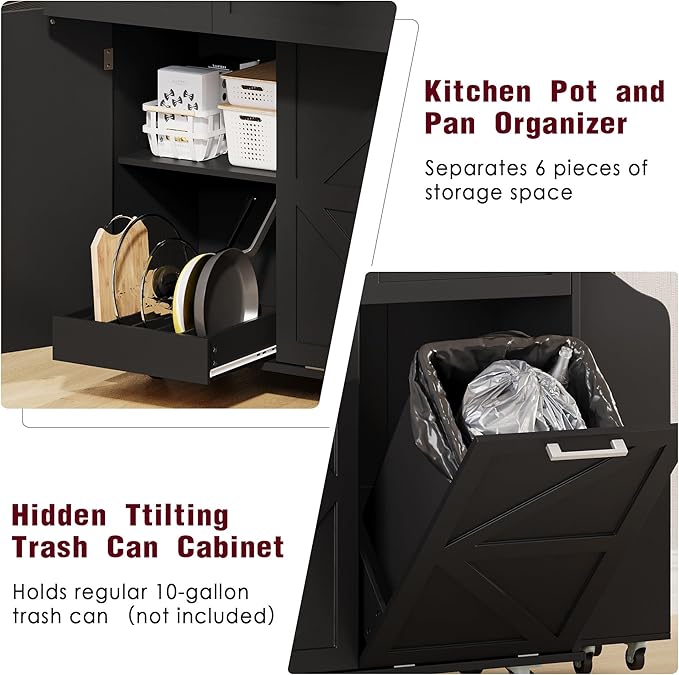 Farmhouse Kitchen Island with Drop Leaf & Wheels, 47.2" Rolling Kitchen Cart with Removable Side Racks, 2 Drawers, Towel Hooks & Trash Bin Cabinet for Small Space, Dining Room, Rustic Home Decor