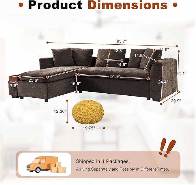 93.7" Sectional Couch, Upholstered Modular Sofa L Shaped Couch with Storage Compartment, Sectional Couches for Living Room and Office, Brown