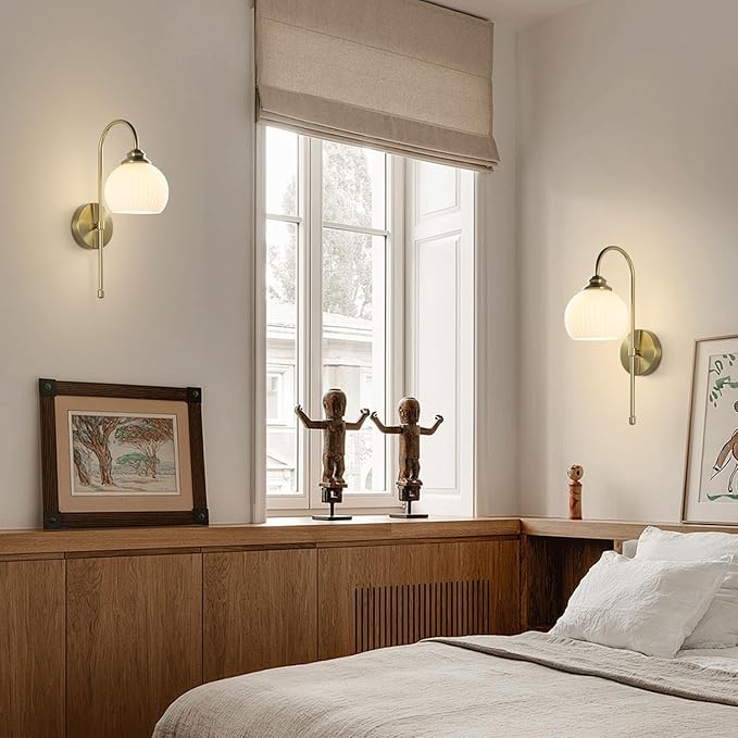 KCO Lighting 1-Lighting Milk Ribbed Glass Wall Sconce Indoor Gold and White Wall Sconce Minimalist Slim Long Sconces Brass Hallway Wall Light Fixtures Globe Vanity Lights for Bathroom Bedroom