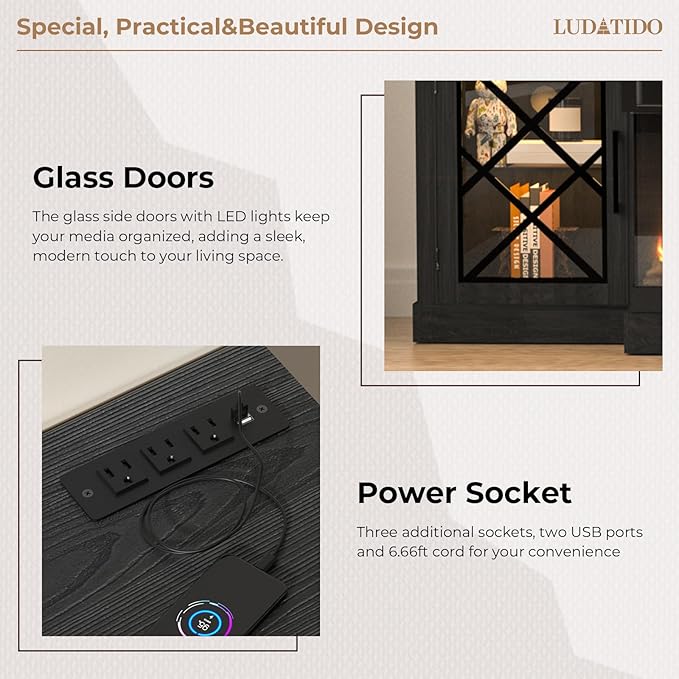 Ludatido 65 Inch FireplaceTV Stand with 3-Sided Glass Insert, Storage Cabinets & Drawers, Fits TVs up to 75", Remote & Touch Control, White Entertainment Center with USB&AC Power Interface, Black