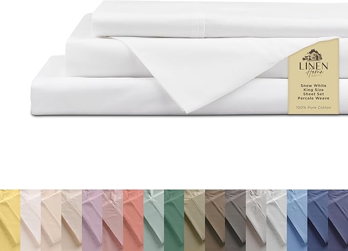 Linen Home 100% Cotton Percale Sheets King Size, Snow White, Deep Pocket, 4 Pieces Set - 1 Flat, 1 Deep Pocket Fitted Sheet and 2 Pillowcases, Crisp Cool and Strong Bed Linen