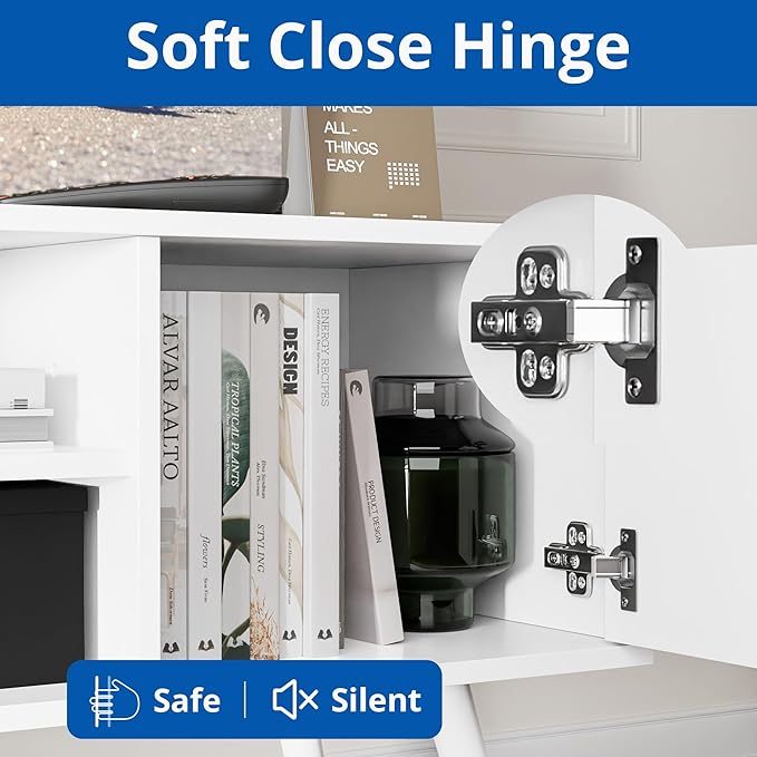 Cozy Castle TV Stand for 48 Inch TV, Mid Century Modern Entertainment Center with Storage Cabinet, TV Media Console with Charging Station for Living Room, Bedroom, White