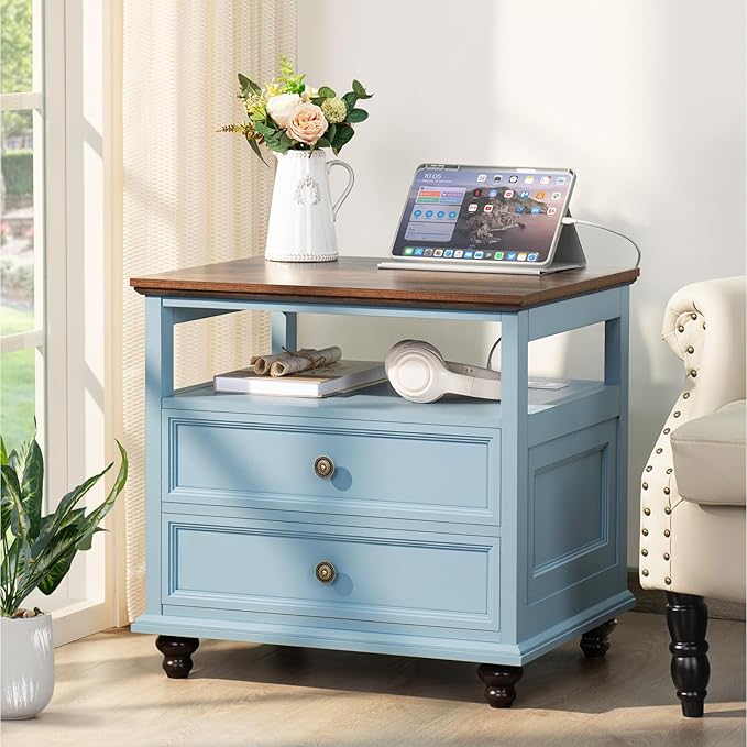 Farmhouse Nightstand with Charging Station, 24" Wide End Table with 2 Drawers, Light Blue Dresser for Bedroom,Wood Bed Side Table Chest of Drawers Cabinet,Night Stand for Living Room,Closet