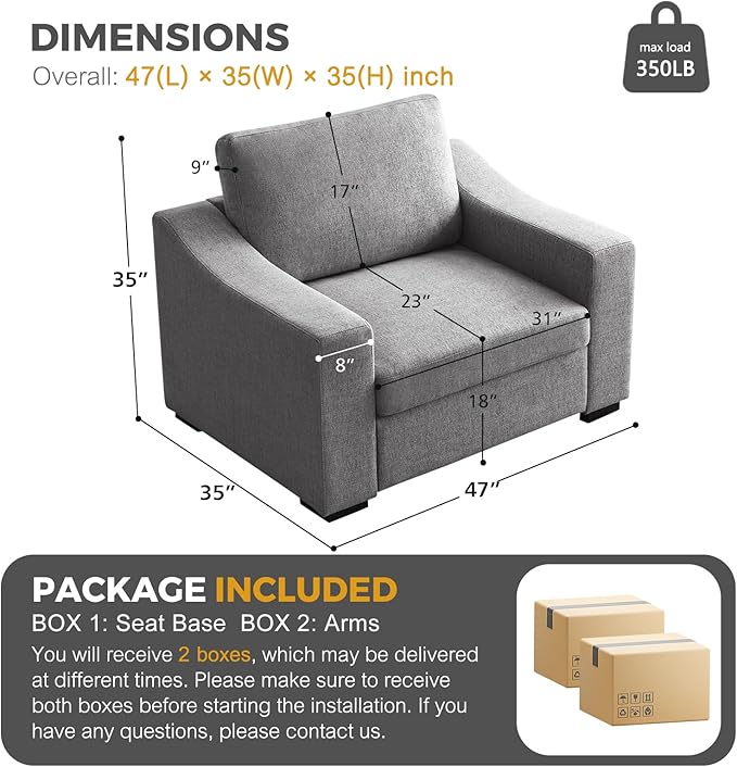 ELUCHANG 47" W Oversized Accent Chair Set of 2, Linen Fabric Modern Chair, Washable Covers, Comfy Upholstered Large Reading Armchair for Living Room, Bedroom, Office, Dark Grey