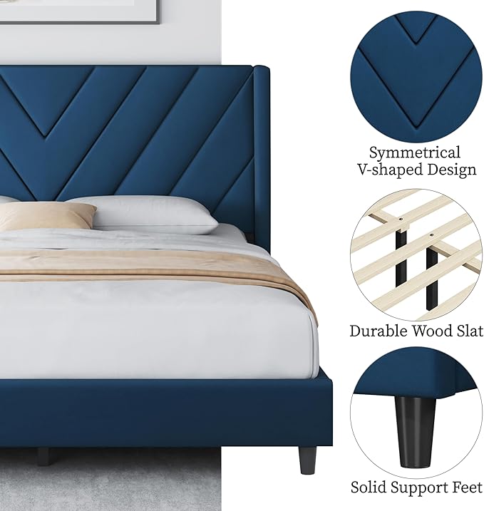 Yaheetech Queen Bed Frame Upholstered Platform Bed with Wing Side/Wooden Slat Support/Tufted Headboard with Wing Side/Mattress Foundation/No Box Spring Needed,Blue Queen Bed