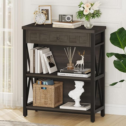 FATORRI Rustic Small Bookshelf, Industrial Wood Book Shelf with Drawer, 3 Shelf Bookcase for Small Space, Low Book case for Living Room, Home Office (Walnut Brown)