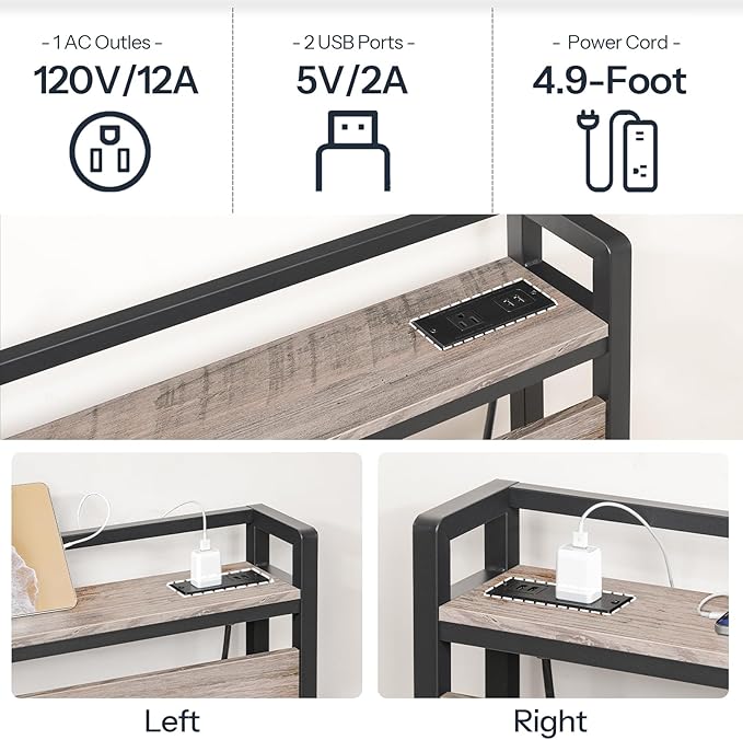 HOOBRO Full Size Headboard, Headboard with 2 Outlets and 4 USB Ports, Adjustable Height, Storage Rack, Sturdy and Stable, Easy Assembly, Greige and Black