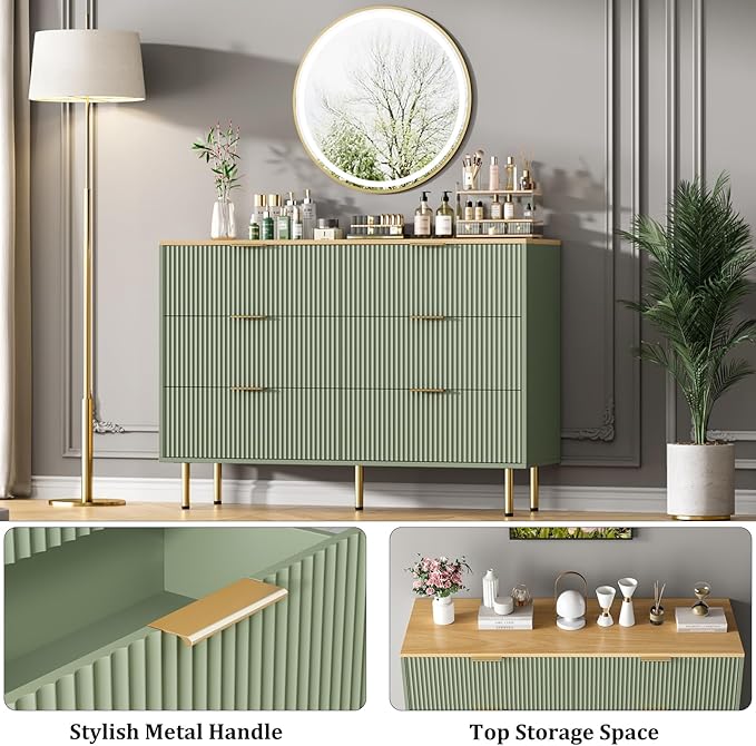 Fluted Wood Dresser 6 Drawers Dresser for Bedroom, Large Modern Chest of Drawers, for Bedroom, Living Room, Hallway, Entryway, Green and Oak