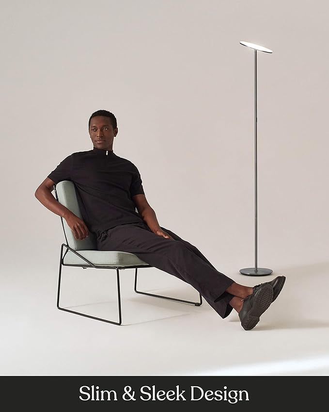 Brightech Sky LED Floor lamp, Torchiere Super Bright Floor Lamp for Living Rooms & Offices - Dimmable, Tall Standing Lamp for Bedroom Reading - Brushed Nickel