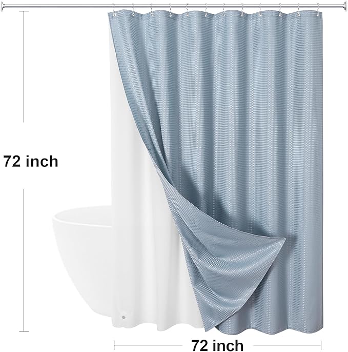 3 in 1 Shower Curtain Set, Fog Blue Waffle Shower Curtain and PEVA Liner Set with 12 Stainless Steel Shower Curtain Hooks, Waterproof Fabric Shower Curtains for Bathroom, 72 W x 72 H
