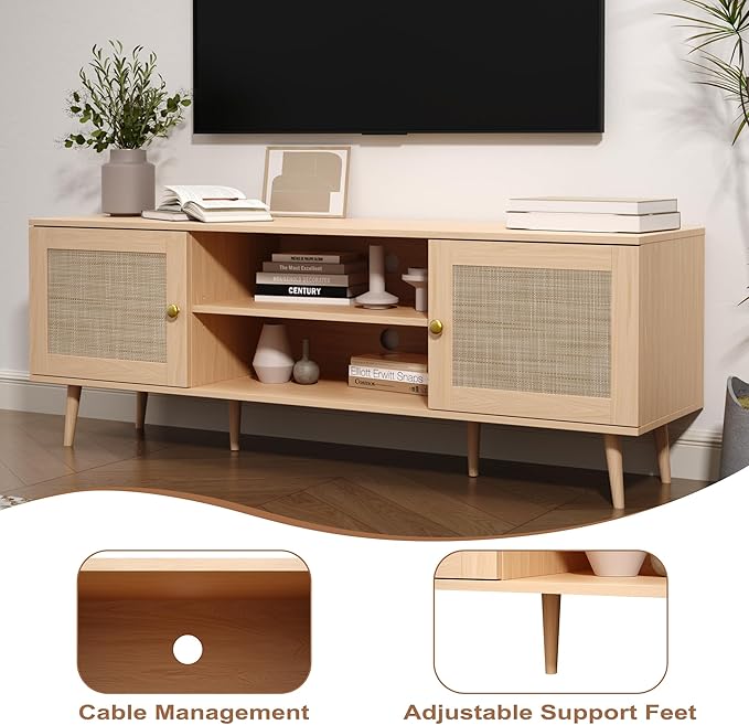 Rattan TV Stand for 55/60/65/70 inch TV, Boho 59" Entertainment Center with Storage, Modern Mid Century Media Console with Rattan Doors and Adjustable Shelf, Wood TV Stand for Living Room, Oak