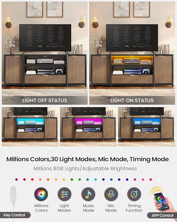 AOGLLATI Fluted TV Stand for Living Room, 71” Heavy-Duty TV Console Cabinet with Storage and Shelf, Mid Century Modern Television Stands with Drawers for 60/65/70/75/80 TV, Black