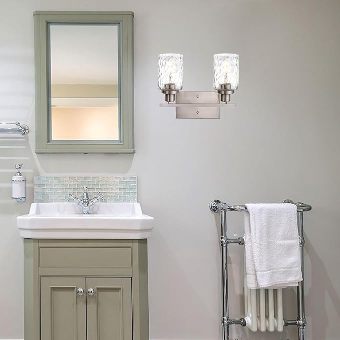 MELUCEE Indoor Wall Sconces Brushed Nickel with Clear Hammered Glass, 2-Light Modern Bathroom Vanity Light Wall Mount Lamp for Mirror Cabinets Powder Room Dressing Table (Patent No.: US D963914 S)