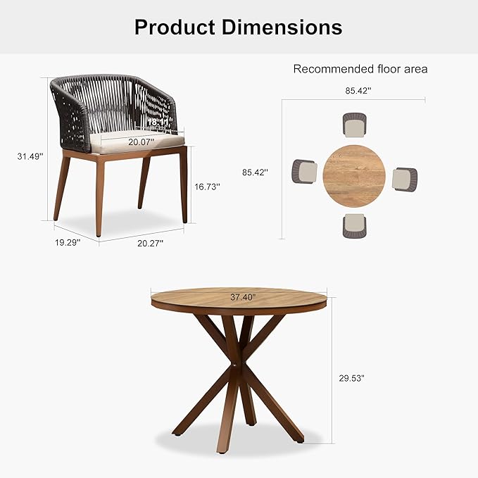 PURPLE LEAF 5 Pieces Round Outdoor Dining Set Patio Table and Chairs Set Aluminum Wicker Rattan Patio Furniture Set for Lawn Garden Porch Brown