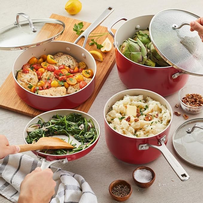 KitchenAid Hard Anodized Ceramic 9-Piece Nonstick Cookware Set – Includes Fry Pans, Saucepan, Stockpot, Durable, Even Heating, Oven Safe to 500°F, Empire Red