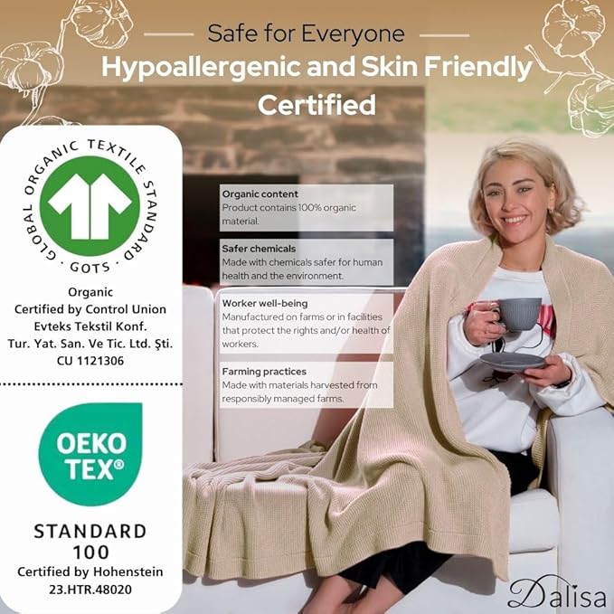 Dalisa 100% Organic Turkish Cotton Throw Blanket - GOTS Certified, Cozy - Perfect for Couch, Bed, and Home Decor - Boho Vintage Knit Alina (Beige, 60x80)