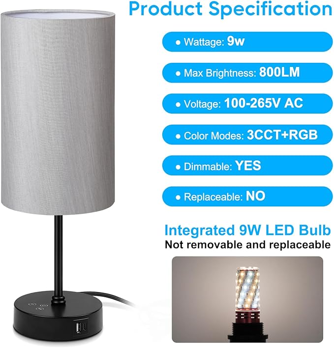 Unicozin Table Lamp, 3 CCT 3000K/4500K/6500K & RGB Color Changing, Stepless Dimmable, 17Inch Bedside Lamp for Reading, Ambience Nightstand Light for Home Decor Party, Grey Shade