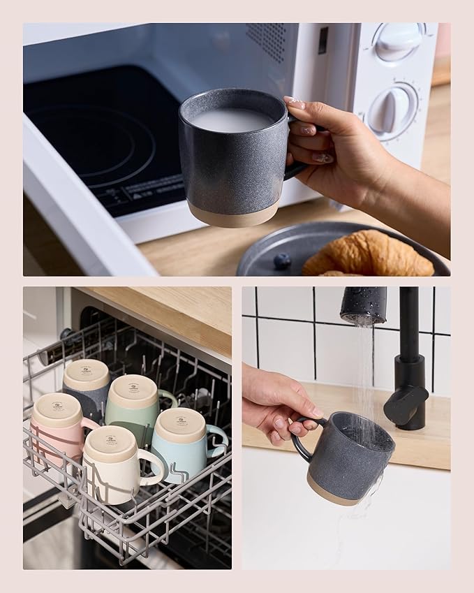 famiware Coffee Mugs Set of 4, Milkyway 13 oz Mug Set, Ceramic Cup Set with Handle for Coffee, Tea, Cocoa, Milk, Matte Dark Charcoal