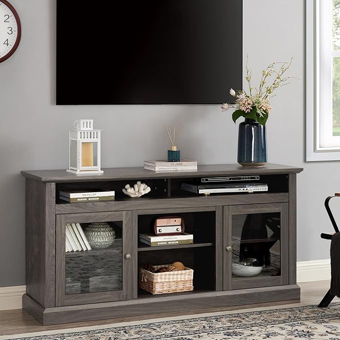 HMFULE 60" Farmhouse TV Stand for 60 65 Inch Television, Entertainment Center with 2 Storage Cabinets Glass Doors & Adjustable Shelves, Rustic Media Console Furniture for Living Room (Dark Walnut)