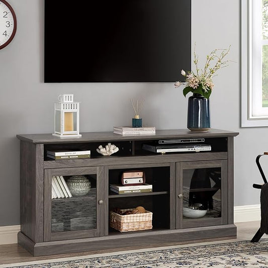 HMFULE 60" Farmhouse TV Stand for 60 65 Inch Television, Entertainment Center with 2 Storage Cabinets Glass Doors & Adjustable Shelves, Rustic Media Console Furniture for Living Room (Dark Walnut)