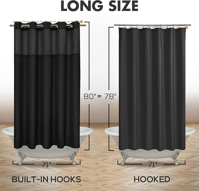 Long No Hook Slub Textured Shower Curtain with Snap-in PEVA Liner Set - 71" x 80"(78"), Hotel Style with See Through Top Window, Black Fabric Curtain & Waterproof Liner, Black, 71x80