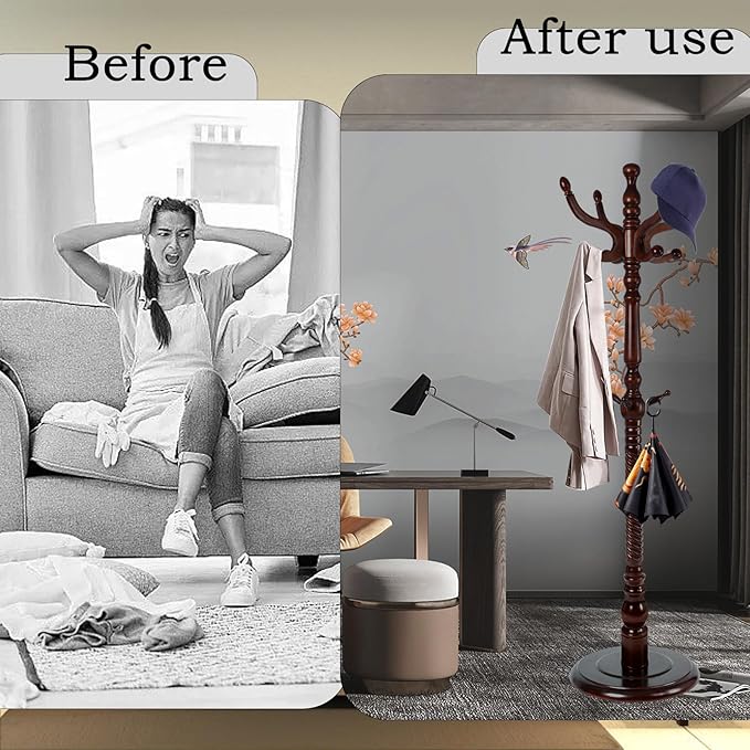 Coat Rack Freestanding, Wooden Tree Coat Rack Stand with 2 Adjustable Sizes Coat Tree and 11 Hooks, Sturdy Hall Tree with Tri-Legged Base for Entryway, Hallway, Bedroom (Walnut-Solid Round Base)