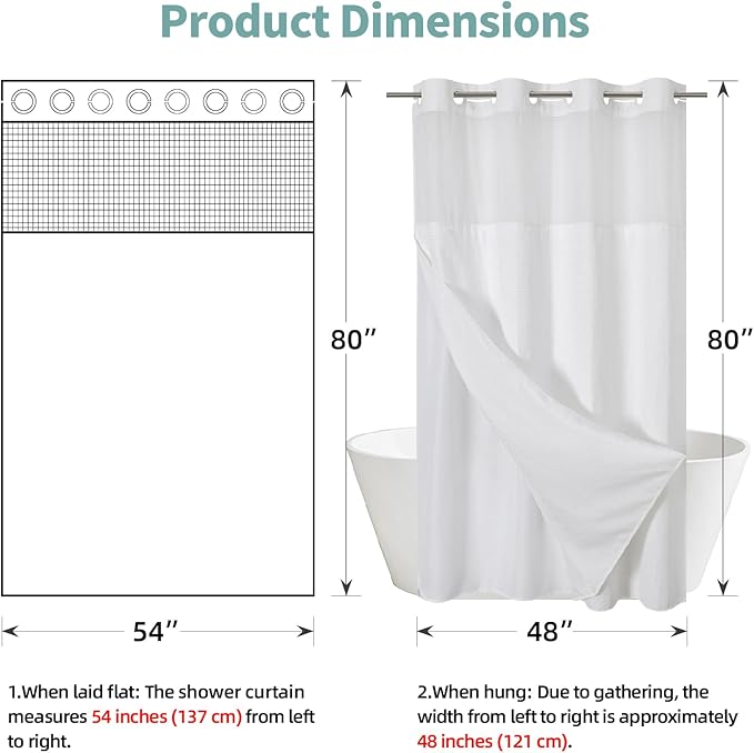 Stall White No Hook Waffle Weave Shower Curtain with snap-in Liner Replacement, 230GSM Waterproof Fabric Hotel Shower Curtain Set for Bathroom, Through Mesh Top Window,54Wx80H