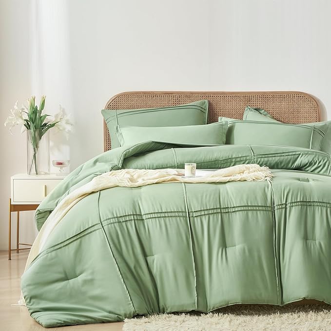 Yogeneg Twin Comforter Set 5 Piece Bed in a Bag,Grid Pinch Pleat Sage Green Twin Bedding Set,Striped Textured Soft Microfiber Comforter with Sheet Set,All Season Complete Bed Set(Sage Green,Twin)