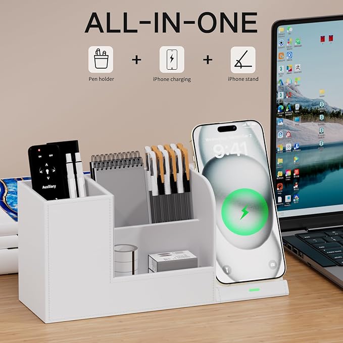 Multi-Functional Pencil Holder for Desk, Desk Organizers and Accessories with 4 Compartments for Office Art Supplies,Desk Phone Stand Charger for Desktop/Counter,Wihte Office Storage for Pens, Keys