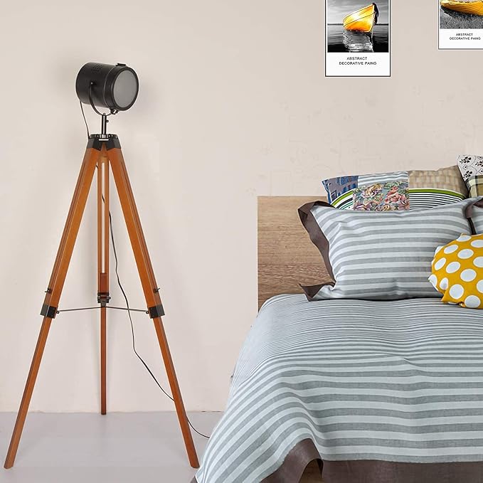 Industrial Vintage Black Tripod Floor Table Lamp - Modern Adjustable Height Wooden Nautical Cinema Searchlight - Spotlight Standing Reading Light for Living Room Bedroom Office Decoration(no Bulb)