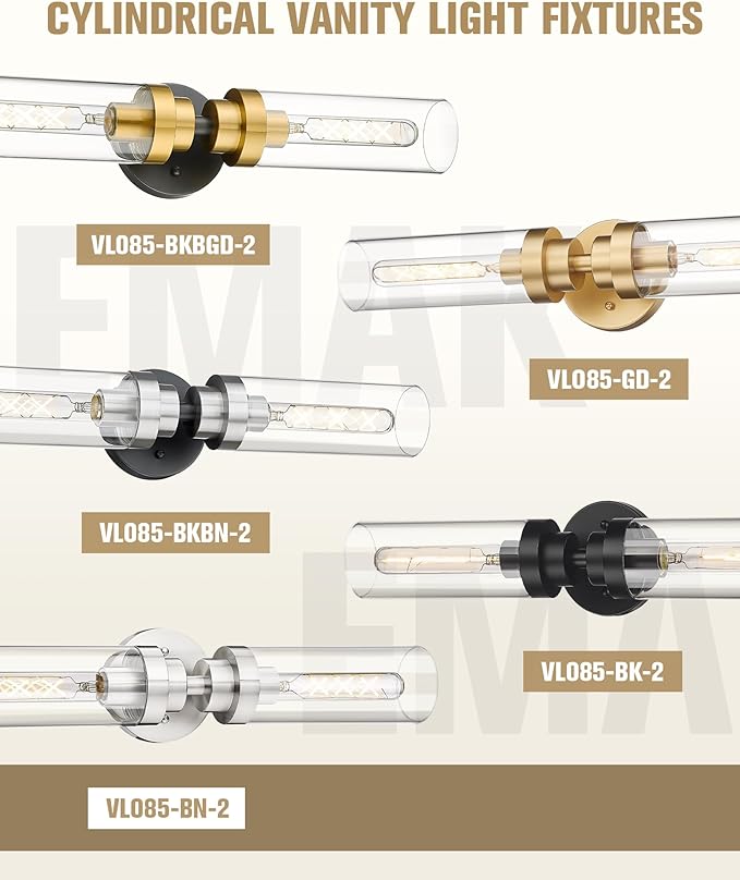 Emak 22 Inch Black and Brushed Nickel Vanity Lights for Mirror, Modern Bathroom Light Fixtures with Clear Glass Shade, 2-Light Wall Sconce Light for Bathroom, Bedroom, Hallway, VL085-BKBN-2