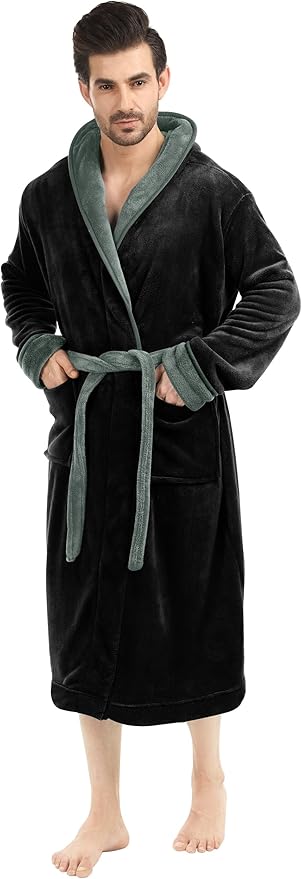 NY Threads Mens Robe with Hood, Luxury Plush Fleece Hooded Mens Bathrobe, Spa Bath Robe for Men