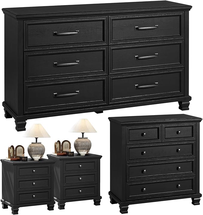 Farmhouse Black Bedroom Sets of 4, Includes 6 Drawer Large Dresser, Vintage Night Stand with 3 Drawers, Small 5 Chest of Drawers, Wood Rustic Dresser & Nightstand Set for Home, Living Room