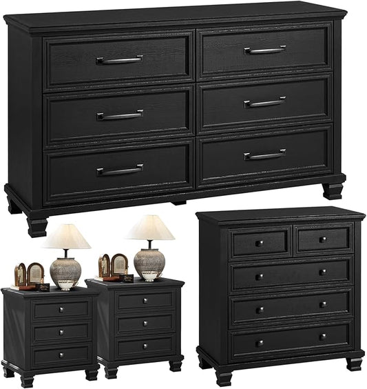 Farmhouse Black Bedroom Sets of 4, Includes 6 Drawer Large Dresser, Vintage Night Stand with 3 Drawers, Small 5 Chest of Drawers, Wood Rustic Dresser & Nightstand Set for Home, Living Room