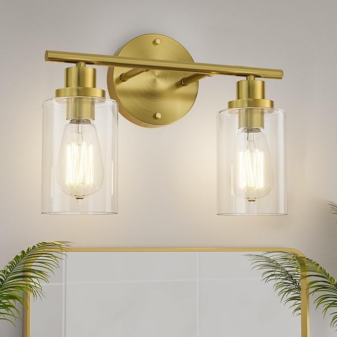 GORDNWE 2-Light Bathroom Wall Sconce, Gold Vanity Light, Modern Wall Light Fixture with Clear Glass, J0019