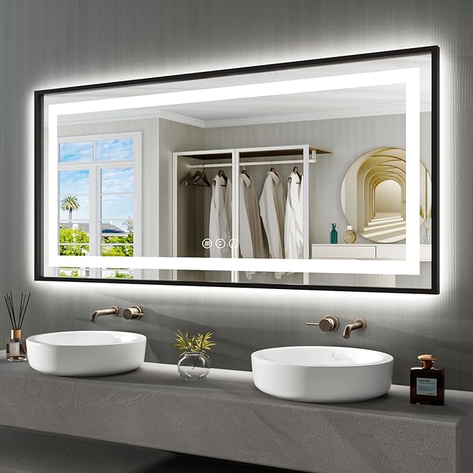 Amorho 77"x 36" LED Bathroom Mirror Framed, Front Light and Backlit, Stepless Dimmable, Anti-Fog, Shatter-Proof, Memory, 3 Colors, Double LED Vanity Mirror