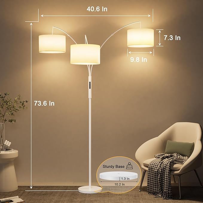 36W LED Arc Floor Lamp with 3 White Fabric Shades, 3001LM Super Bright Standing Lamp with Remote Control & Touch, Stepless Dimming, Individual Light Control for Living Room, Bedroom