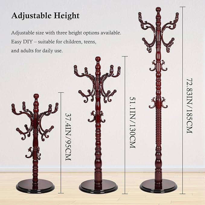 Coat Rack Stand, Solid Wooden Coat Tree with 14 Hooks, Heavy Duty Coat Rack Freestanding with Sturdy Round Base, Natural Birch Wood Coat Hanger Stand for Entryway Bedroom (Rosewood)