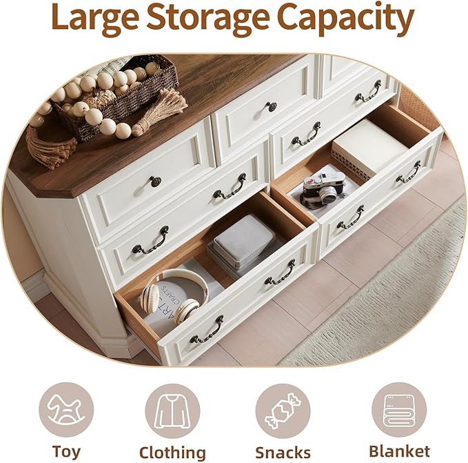 Farmhouse 7 Drawers Dresser for Bedroom, 54" Wide Modern Chest of Drawers with Metal Handle, Farmhouse Dresser TV Stand, Wood Drawer Organizer for Bedroom, Living Room, Hallway (White)
