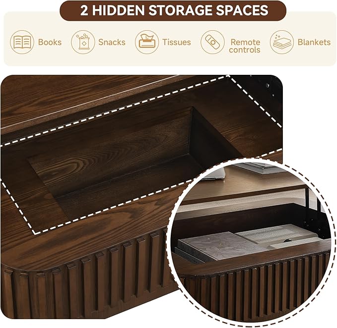 Lift Top Coffee Table for Living Room,Rectangle Handmade Solid Wood Strips, Fluted Coffee Table with Hidden Storage Compartment Small Space Office Apartment (38.6" L×26.8''W×13.8''H-Walnut)