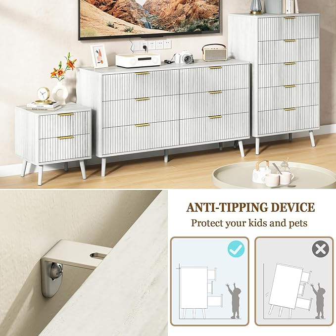 CARPETNAL Fluted 6 Double Drawers White Dresser for Bedroom, 55”Wide Modern Chest of Drawers with Deep Drawers,Wood Drawer Organizer for Bedroom Living Room, Hallway, White