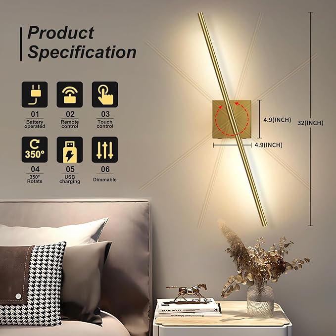 Battery Operated Wall Sconces Set of 2, Battery Wall Sconce with Remote Control,350°Rotate, LED Rechargeable Sconces,3000K-6000K Wireless Wall Light for Bedroom, Living Room, Hallway (Gold,28Inch)