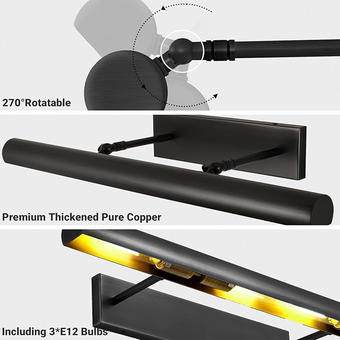 Black Picture Lights, 24inch Hardwired Picture Light for Wall, Art Light for Wall, Rotatable Wall Lights Over Picture, Frame Lights for Painting Display Artwork Portrait