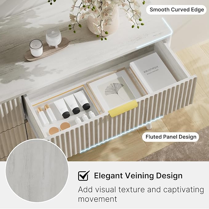 LYNSOM 55" Wide Fluted Dresser for Bedroom with 6 Drawer, Modern Chest of Drawers with Curved Profile Design and Metal Handles, Wood Dresser TV Stand & Storage Organizer for Living Room, White