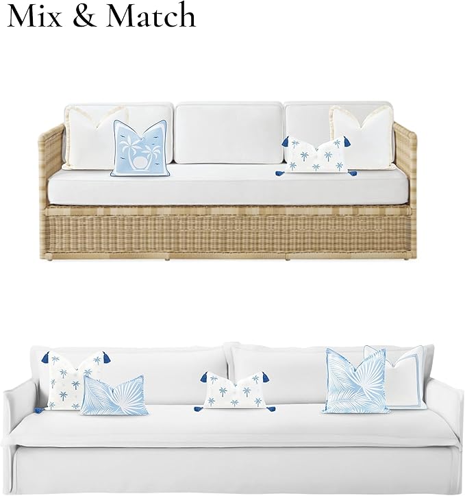 Hofdeco Premium Coastal Hampton Style Patio Indoor Outdoor Lumbar Pillow Cover Only, 12"x20" Water Resistant for Backyard, Couch, Baby Blue Embroidered Palm Tree Tassel