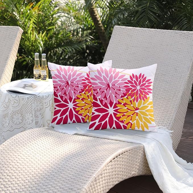 DFXSZ Outdoor Pillow Covers 20x20 Inch Set of 2 Pink Yellow Flower Decorative Waterproof Summer Outdoor Valentines Pillow Covers for Patio Funiture Garden Couch 168J20