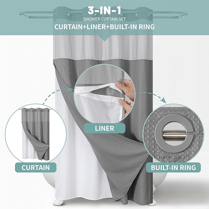 Grey No Hook Waffle Weave Shower Curtain with snap-in Liner Replacement, 230GSM Waterproof Fabric Hotel Shower Curtain Set for Bathroom, Through Mesh Top Window,54Wx80H