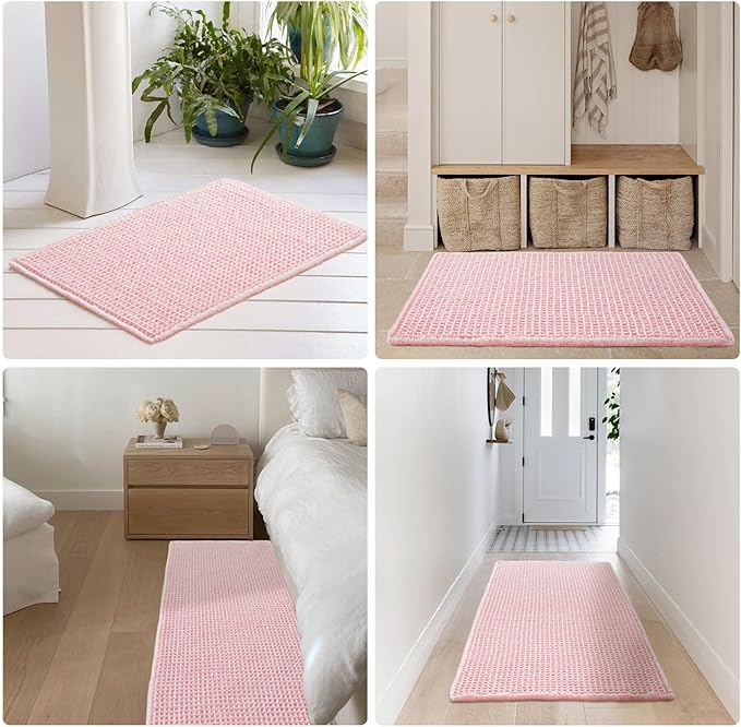 Light Peachy Pink Bathroom Rugs, Waffle Bath Mat Non Slip Washable Quick Dry Cute Bath Mat Boho Farmhouse Bathroom Decor, 36"x24" Light Peachy Pink